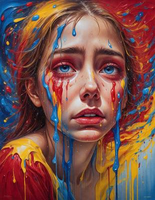 The primary subject of the image is a woman with a tear on her face. She is wearing a red shirt and has a blue background. The visual style of the image is a painting, and the colors and mood convey a sense of sadness and emotion.